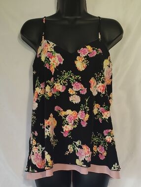 Candie's Black Floral Spaghetti Strap Cami with Pink Hem